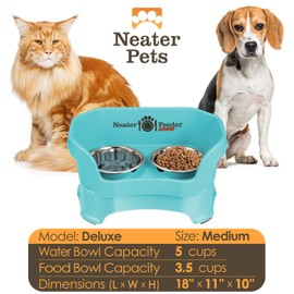 Neater Feeder Deluxe Medium Dog (Aquamarine) - The Mess Proof Elevated Bowls No Slip Non Tip Double Diner Stainless Steel Food Dish with Stand
