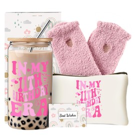 DHQH Birthday Gift for Teen Girls, Happy 11 Year Old Girls Birthday Gifts, Cool Presents Set with 16 Oz Glass Cup, Bday Gift for Daughter Niece Granddaughter