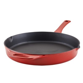 Rachael Ray Premium Rust-Resistant Cast Iron Frying Pan/Skillet with Helper Handle and Pour Spouts, 12 Inch, Red