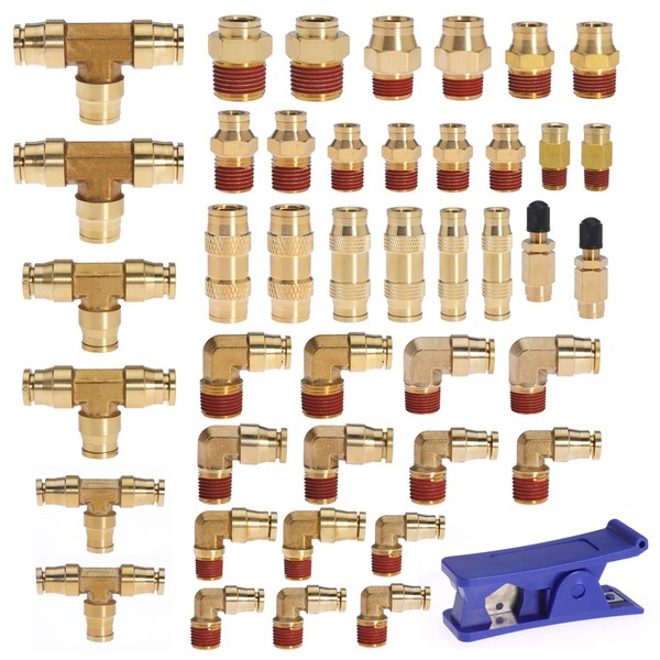 43 PCS 1/4in 3/8in 1/2in Brass DOT Air Brake Line Fitting, Push to Quick Connect Fitting, Straight Union Connector Air Hose Fitting Assortment Kit for Truck RV or Industrial Air Brake System