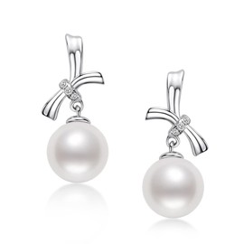 Pearl Drop Earrings Sterling Silver Earrings for Women Freshwater Cultured White Round Pearls Anniversary Wedding Jewelry Valentines Gifts for Her Ladies Mothers Day Gift for Mom