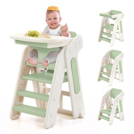 4-in-1 Convertible Toddler Step Stool, Adjustable Height Toddler Tower, Foldable Standing Tower with Safety Fence & Removable Dining Tray, Kids Step Stool for Kitchen Counter Bathroom Sink (Green)