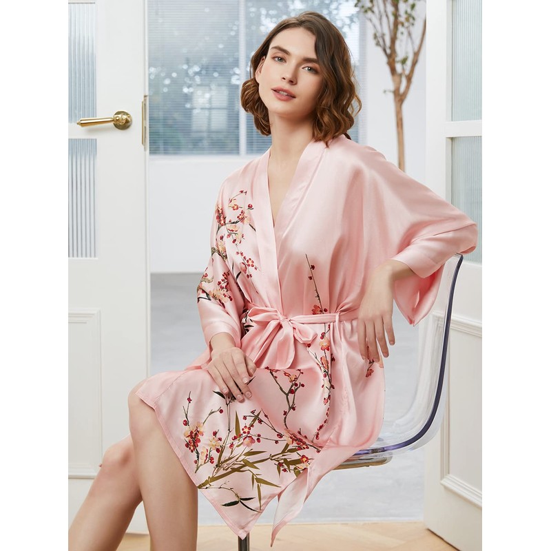 Ledamon Women's 100% Silk Kimono Short Robe (Light pink-A)