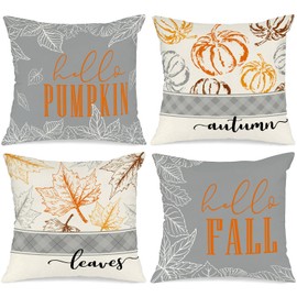 Ywlake 20x20 Fall Pillow Covers Set of 4, Hello Pumpkin Decorative Holiday 20 x 20 Autumn Cushion Covers Thanksgiving Pillow Case for Indoor Home Bedroom Couch Sofa Decor Grey