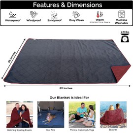 BRAWNTIDE BRAWNTIDE Large Outdoor Waterproof Blanket - Quilted, Extra Thick Fleece, Warm, Windproof, Ideal Stadium Blanket, Camping Blanket, Great for Beaches, Festivals, Parks, Grass, Yoga, Pets, Dogs (Wine)