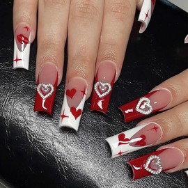 BABALAL Valentines Press on Nails Long Square Fake Nails Red White French Tip Glue on Nails Heart Charm Design Acrylic Nails 24Pcs Squoval False Nails Lips Stick on Nails Glossy Artificial Nails