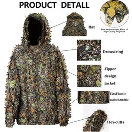 Monfasye Ghillie Suit, 3D Leafy Camo Hunting Suits Breathable Woodland Gillies Costume Jungle Clothing (S)