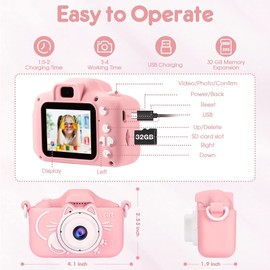 AOGELI Kids Camera for Girls, 2 Lens Selfie Kids Camera,Kids Digital Camera Toys for 4 5 6 7 8 9 Year Old Girl Christmas Birthday Gifts,MP3 Player,Camera for Kids,Toddler Camera with 32GB-Card Pink