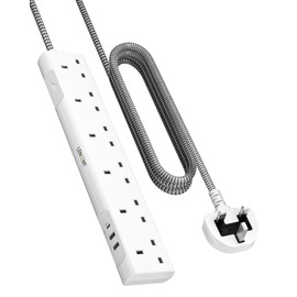 LENCENT Extension Lead with USB C Port, 3250W 13A, 6 Way Outlets Power Strip with 1 USB-C and 2 USB Slots, Multi Power Plug Extension with 1.8M Braided Extension Cord for Home Office, White