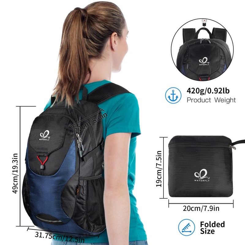 WATERFLY Foldable Backpack Hiking Backpack 30L: Lightweight Daypack with Wet
