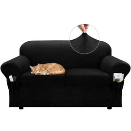 Pfrstuv Loveseat Slipcover with Armrest Pockets 3-Piece Set, Stretch Faux Leather Love Seat Covers for 2-Cushion Couches(Fits 58-66") - Non-Slip, Machine Washable, Pet & Kid Friendly - Black