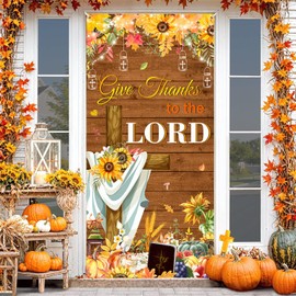 AIBIIN Give Thanks To The Lord Door Cover Sunflower Crucifix Thanksgiving Door Banner Maple leaf Fall Bulletin Board Decorations Christian Religious Decoration Indoor Outdoor Decor Bulletin Board Set 35.4 x 70.8 Inch