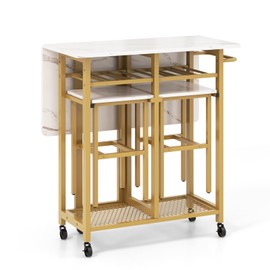 Giantex 3-Piece Foldable Dining Table Set, Extendable Dining Table & 2 Stools Set w/ 6-Bottle Wine Rack, Shelves & Side Pushing Handle, Space-Saving Dining Room Kitchen Table Set for Small Space