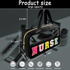 Bunliuys Chenille Letter Clear Makeup Bag Nurse Patch, Travel Toiletry Makeup Bag with Handle, Nylon Waterproof Makeup Bags clear cosmetic bag, preppy patch makeup bag for Women (NURSE-Black)
