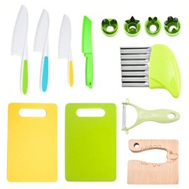 Kids Kitchen Knife Set - Wooden Knife, Serrated Plastic Toddler Knife, Crinkle Cutter, Sandwich Cutter, Y Peeler & Cutting Board Included:_Children's knife set 13