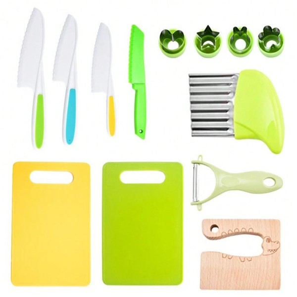Kids Kitchen Knife Set - Wooden Knife, Serrated Plastic Toddler