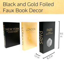 AZEZO Set of 3 Decorative Books for Home Decor – Decorative Hardcover Display Faux Books for Bookshelf and Coffee Table – Black and Gold Foiled – Paris London New York Themed