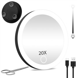 20X Magnifying Mirror with Lights 4" Makeup Magnifying Mirror 20X Magnification Rechargeable Travel Magnifying Mirror with Lights & Suction Cups, Pocket 20X Magnifying Mirror Dimmable Magnified Mirror