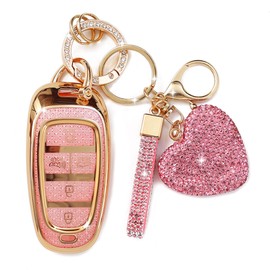 Simocky Fit for Hyundai Key Fob Cover with Diamond Keychain, Compatible with Hyundai 2020-2023 Sonata Santa fe Tucson Smart Key Protector for Women (5 Buttons, Pink)