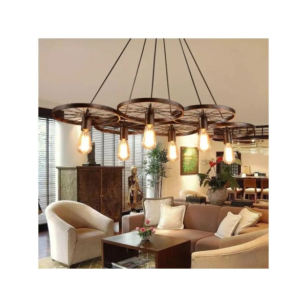 Unbranded Rustic 6 Bulb Wagon Wheel Chandelier Distressed Bronze Finish