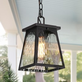 LALUZ Outdoor Pendant Lights for Porch, Modern Farmhouse Outdoor Pendant Light Fixture with Clear Water Ripple Glass, Trapezoid Exterior Hanging Lantern Lamp Light Fixtures, Textured Rust Finish