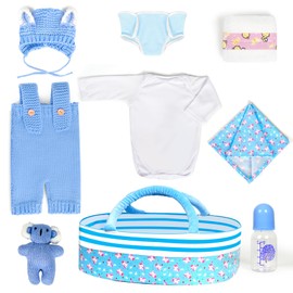 ARTST 9PCS Baby Doll Accessories,Knitted Reborn Baby Doll Clothes with Bassinet for 17-22 inch Newborn Baby Dolls Boys(No Doll)