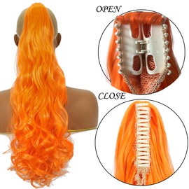 HENSLEELY Wavy Ponytail Extensions Claw 14" Short Curly Pony Tail Clip in Claw Hair Extension Fluffy Orange Synthetic Hairpiece for Women(14Inch,Orange)