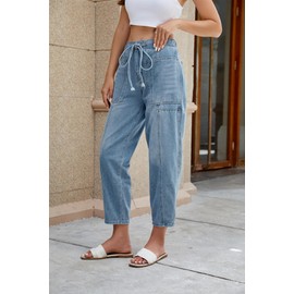 Women's Wide Leg Baggy Jeans Elastic Low Rise Barrel Jean Loose Boyfriend Denim Pants with Drawstring Light Blue