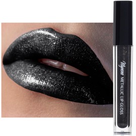 Mynena Diamond Lips | Black with Silver Metallic Finish Lip Gloss | High-Shine, Non-Sticky, Non-Drying | Lipstick Topper | Ebony