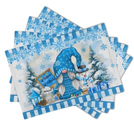 Christmas Gnome Placemats Set of 4 - Funny Winter Snow Man Snowflake Non-Slip Heat-Resistant Washable Table Place Mats for Kitchen Dining Room Home Party Decor 12x18 Inches
