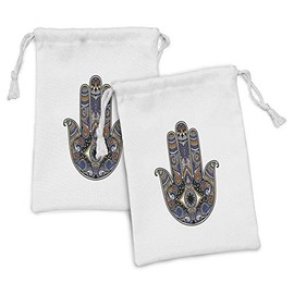 Ambesonne Hamsa Fabric Pouch Set of 2, Hand Drawn Boho Style Vintage Sign with All Seeing Eye Doodle, Small Drawstring Bag for Toiletries Masks and Favors, 9" x 6", Royal Blue Caramel Black