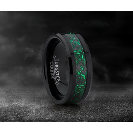 Metal Masters Men's Co. Black Tungsten Carbide Dragon Ring Wedding Band Green Carbon Fiber Comfort Fit 8mm