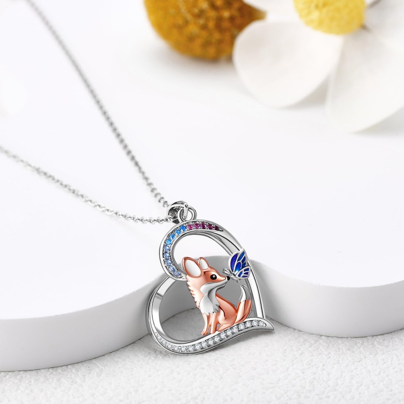 AXOMY Fox Necklace 925 Sterling Silver Fox Butterfly Pendant Necklace