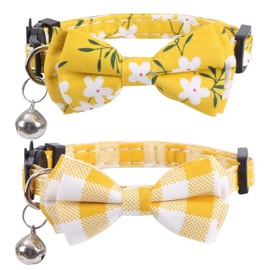 zakata Cat Collar, Cat Collar, Puppy, Cat Collar, Set of 2, Stylish, Bell Included, Bowknot Included, Adjustable Size, Cute, Lightweight, Pet Collar, Safety Buckle, Floral Pattern + Plaid Pattern