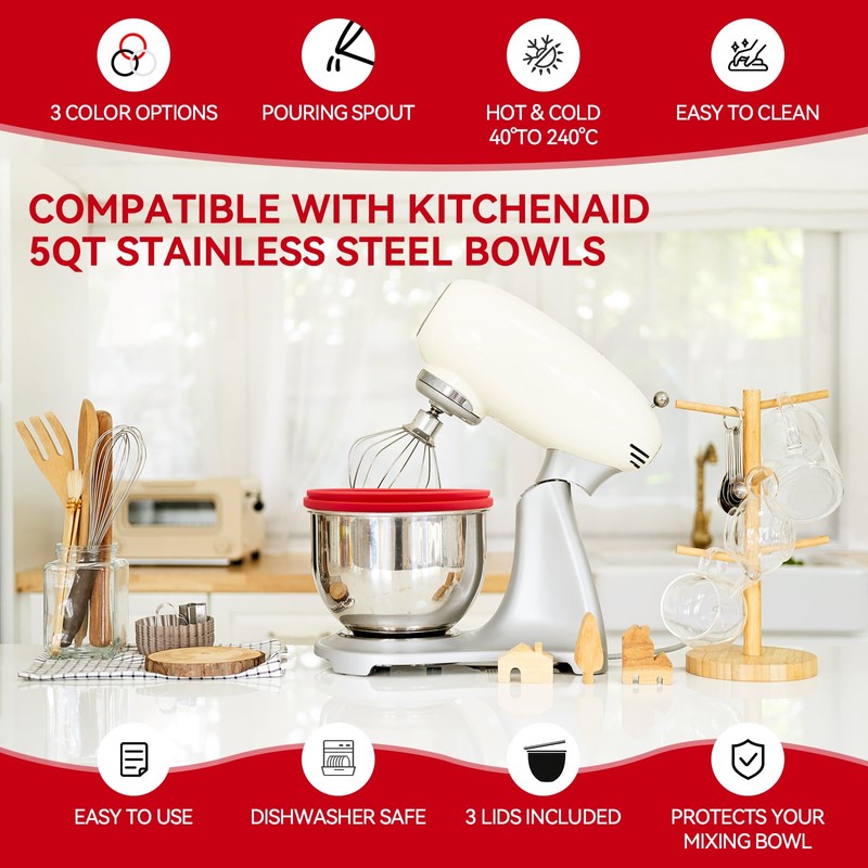 3PCS Silicone Bowl Liners with Lids for KitchenAid Tilt-Head 5QT