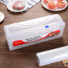 Aidwey Clear Refillable Plastic Wrap Dispenser With Cutter, Cling Wrap Dispenser also for Tin/Aluminum Foil and Baking Paper, 12 Inch X 492 Ft Plastic Wrap Included (Clear Dispenser-67347)