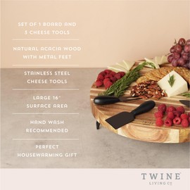 Twine Acacia Cheese Board and Knife Set, Footed Cheese Snack Tray and Cheese Knives Set Cooking Accessories, 16inch Diameter