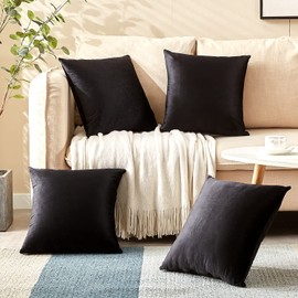 Yonous Cushion Covers, Soft Premium Velvet Decorative Throw Pillow for Sofa Bed Couch Chair, Set of 4, Black, 18x18 inch / 45 x 45 cm