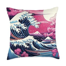 Wave Bloom Vibes Artistry Vibrant Colors Elegance Meets Japanese's Iconic Wave Throw Pillow, 18x18, Multicolor