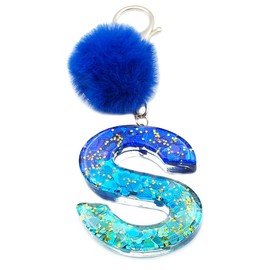 Xsclpomddy Initial Letter Resin Alphabet Key Rings with Fur Ball Pom pom keychains for Wallet Backpack Handbags Women Girls,S