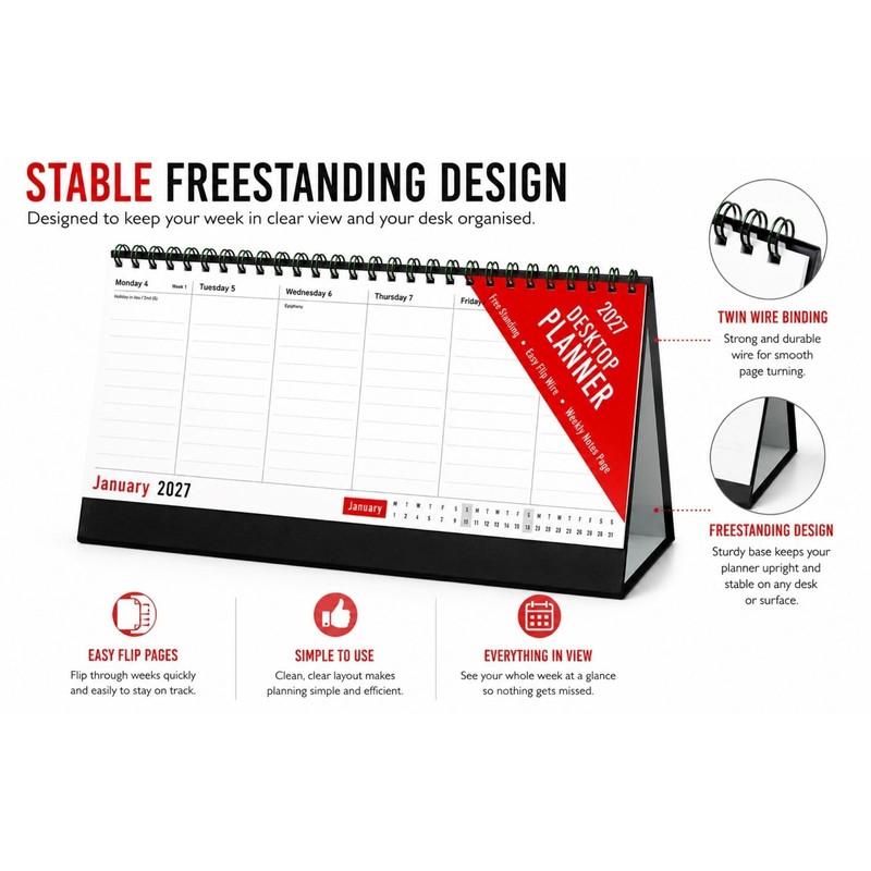 2027 Desktop Weekly Planner Calendar - Week To View Freestanding