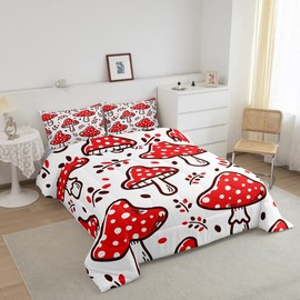 Feelyou Cute Mushroom Comforter Cartoon Mushrooms Bedding Set for Kids Boys Girls Teens Decor Kawaii Fungus Red White Comforter Set Wild Mushroom Stuff Duvet Set Room Decor Quilt Set Queen Size
