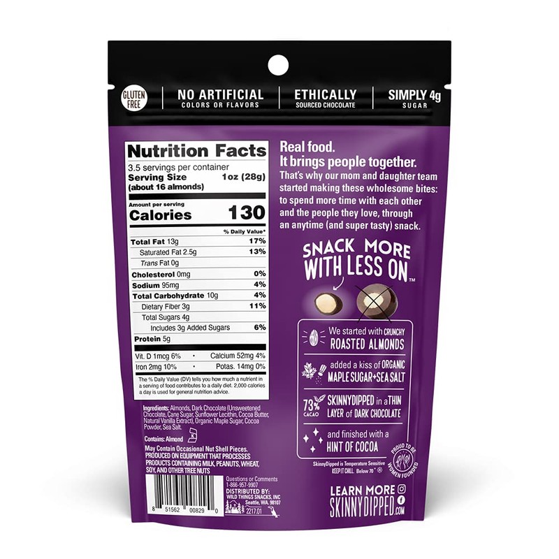 SkinnyDipped Super Dark Chocolate + Sea Salt Almonds, Vegan, Healthy