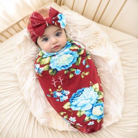 Galabloomer Newborn Receiving Blanket Headband Set Baby Flower Rose Swaddle with Big Bow (Burgundy)