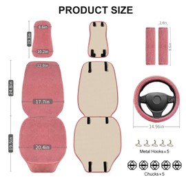 BEITK 2 Pack Short Plush Sheepskin Car Front Seat Cover Set with Steering Wheel Cover and Seat Belt Pad, Winter Universal Faux Sheepskin Car Seat Protector, Lambswool Seat Cushion for Most Car-Pink