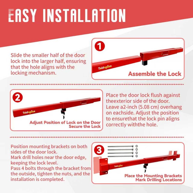 Door Security Bar - 32"-42" Adjustable, 2500 lbs, Keyed Lock