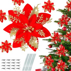 20Pcs Christmas Tree Flowers Decor with 20 Stems&Clips,Poinsettia Artificial Glitter Flowers,Christmas Glitter Artificial Poinsettia Flowers for Xmas Tree Wedding New Year Xmas Garland Wreath