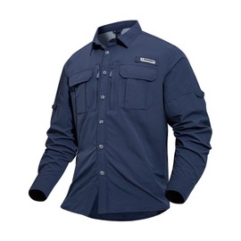 Haimont Men's Sun Protection Long Sleeve Button Down Shirts with Zip Pockets Cooling Fishing for Travel Camping,Space Blue,M