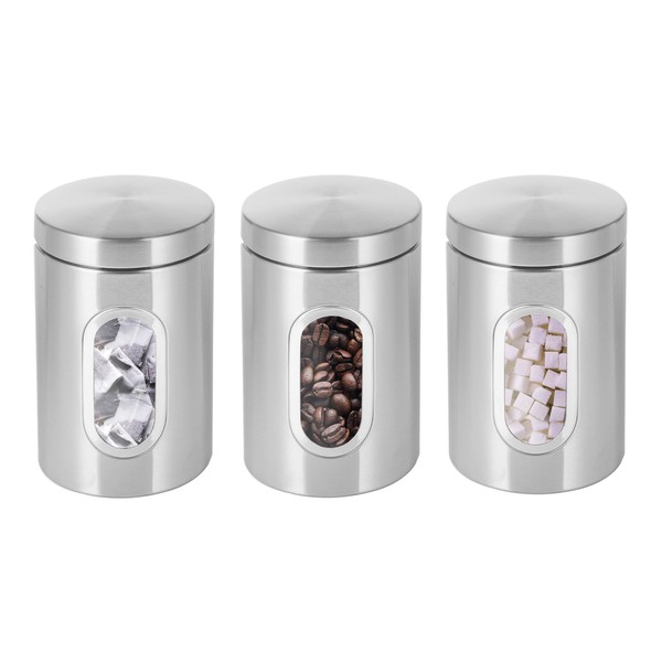 Innoteck Essentials 3 PC Kitchen Canister Set - With Secure Lids & Viewing Window - Blank Labels to Customise your Storage - Suitable for Sugar, Tea, Coffee, etc - Multi Food Storage Jars – Silver