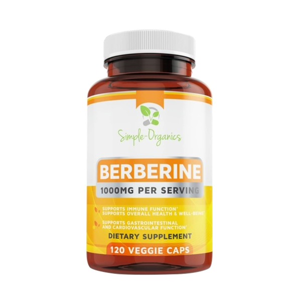 Simple-Organics Berberine 500mg (1000mg Per Serving) for Supports Healthy Immune Function, Gastrointestinal & Overall Wellness - 120 Capsules